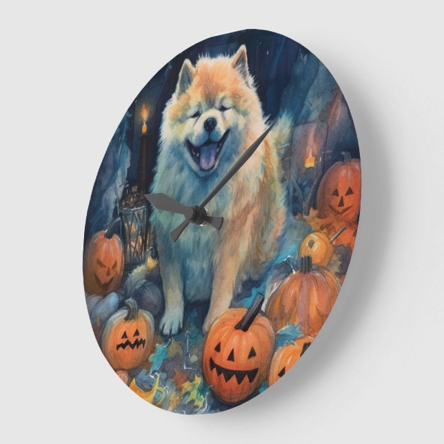 Halloween Chow Chow Med Pumpor Skräck  Stor Klocka (Vinkel)