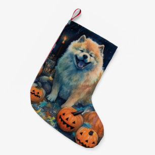 Halloween Chow Chow Med Pumpor Skräckinjagande Liten Julstrumpa
