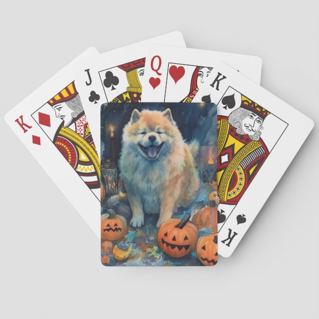 Halloween Chow Chow with Pumpkins Scary Casinokort (Baksidan)