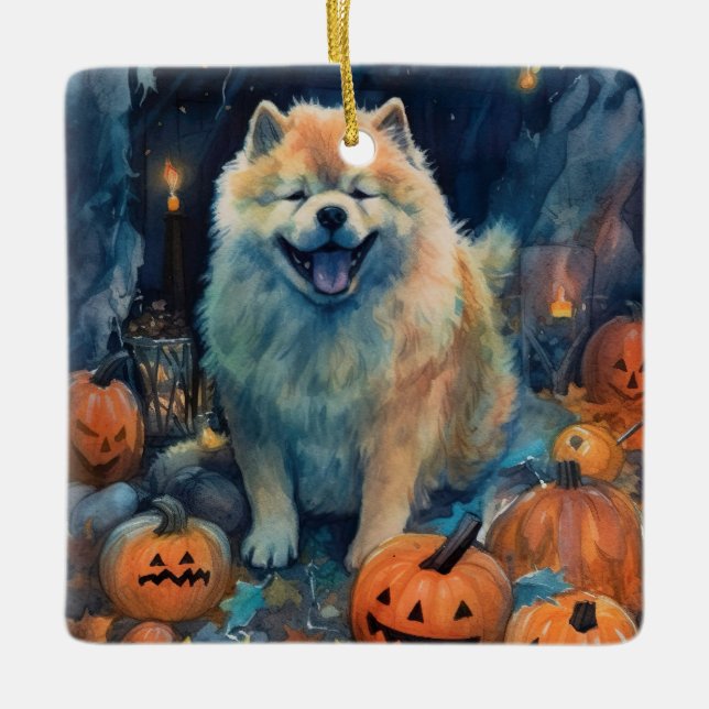 Halloween Chow Chow with Pumpkins Scary Julgransprydnad Keramik (Framsida)