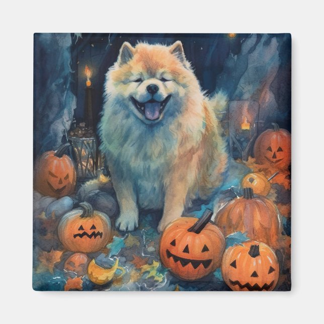 Halloween Chow Chow with Pumpkins Scary Magnet (Framsidan)