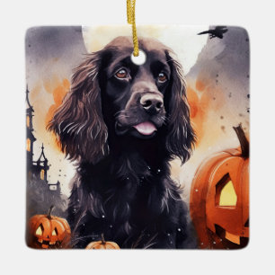 Halloween Cocker Spain with Pumpkins Julgransprydnad Keramik