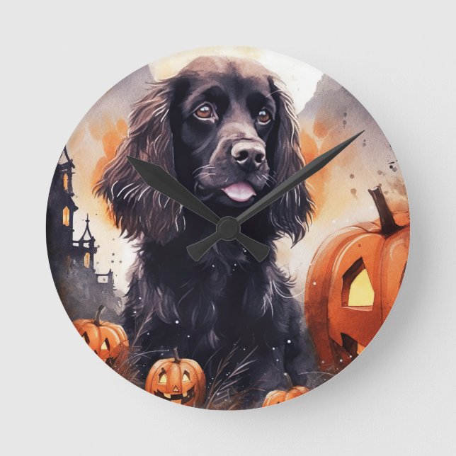 Halloween Cocker Spain with Pumpkins Rund Klocka (Framsida)
