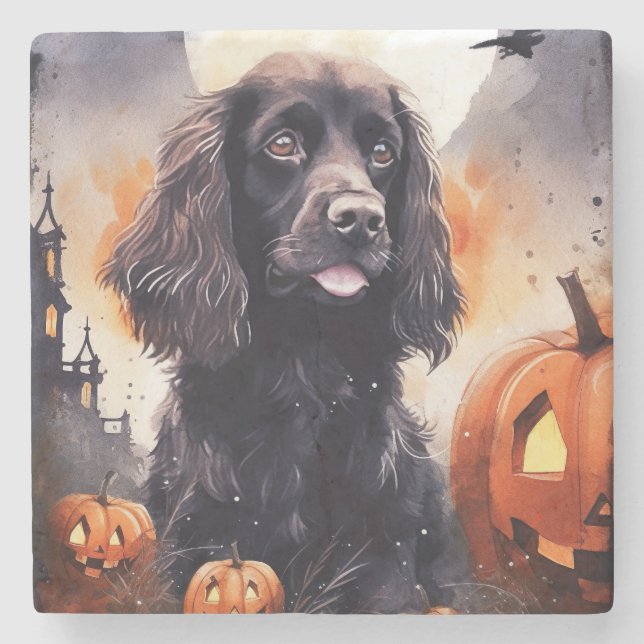 Halloween Cocker Spaniel Med Pumpa  Stenunderlägg (Framsidan)