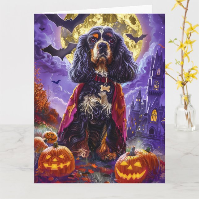 Halloween Cocker Spaniel Vampyr Pumpor Skräck Kort (Gul blomma)