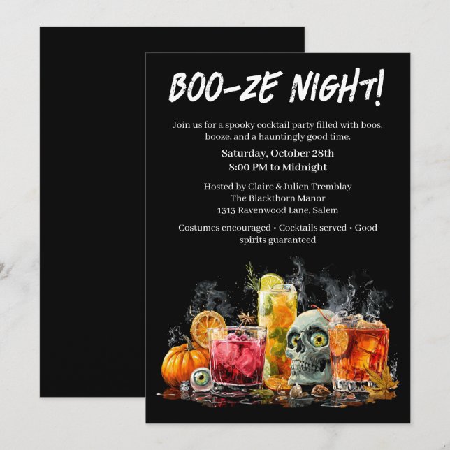 Halloween Cocktail Party | Boo-ze Night Inbjudningar (Fram/baksida)