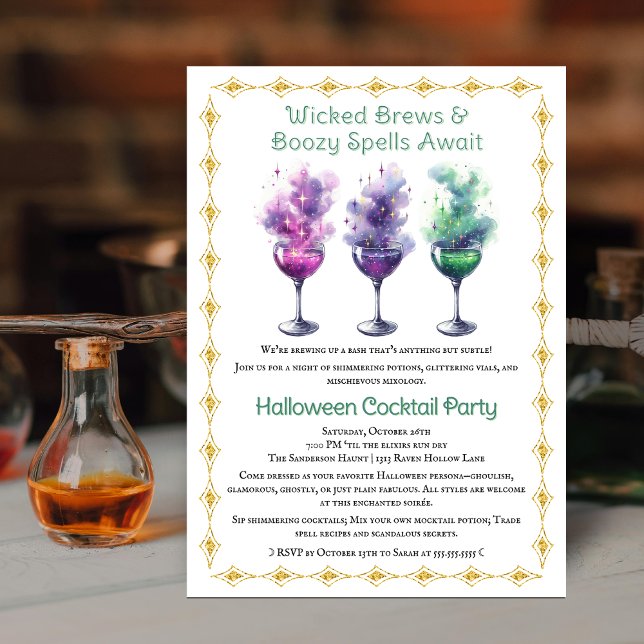 Halloween Cocktail Party Inbjudningar (Magical drinks and elixirs Halloween cocktail party invitation front view.)