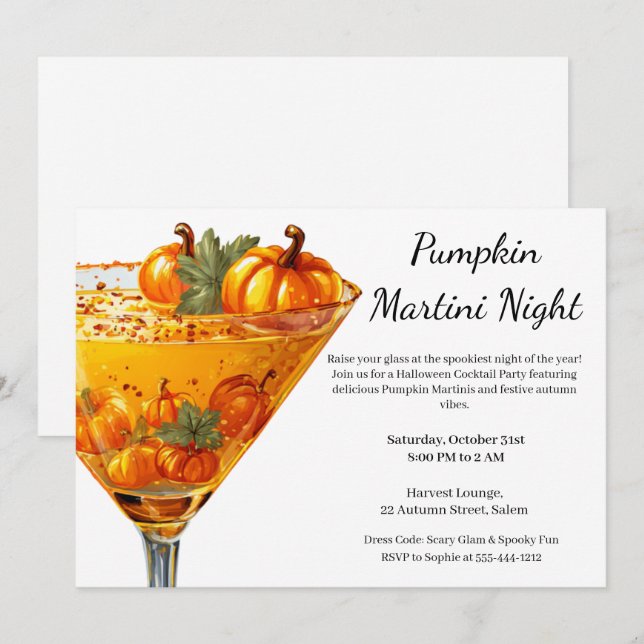 Halloween Cocktail Party | Pumpkin Martini Inbjudningar (Fram/baksida)