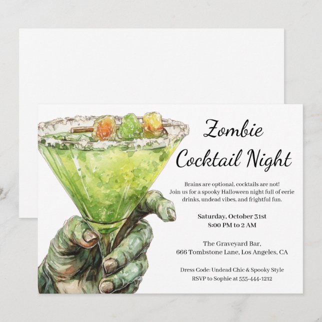 Halloween Cocktail Party | Zombie Hand med Drink Inbjudningar (Fram/baksida)