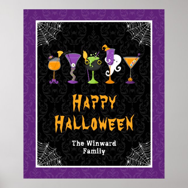 Halloween-cocktails lila damaskask party-skylt poster (Framsidan)