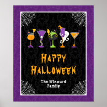 Halloween Cocktails Purple Damask Party Sign