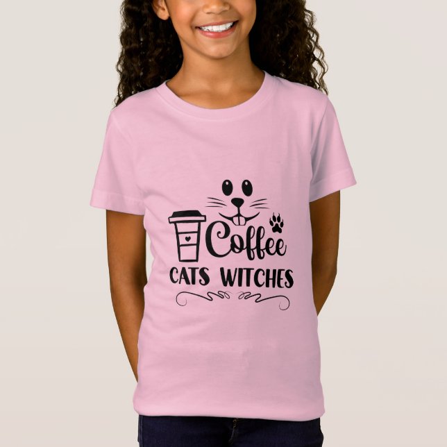 Halloween Coffee Cats Witches Birthday T Shirt (Framsida)