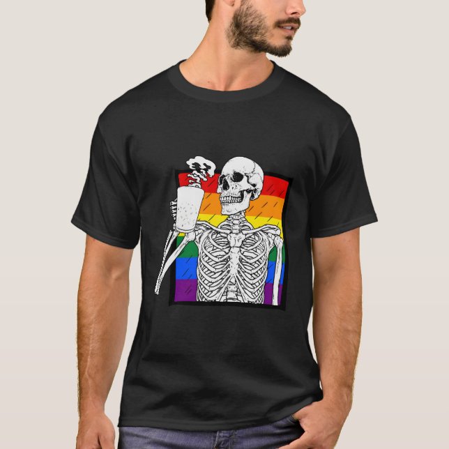 Halloween Coffee Drinking Skeleton Skull Coffee Lo T Shirt (Framsida)