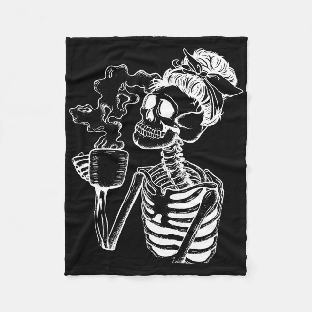 Halloween Coffee Drinking Skeleton Teacher Lazy Di Fleecefilt (Framsidan)
