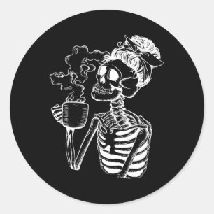 Halloween Coffee Drinking Skeleton Teacher Lazy Di Runt Klistermärke