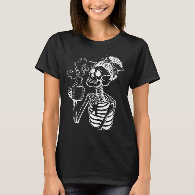 Halloween Coffee Drinking Skeleton Teacher Lazy Di T Shirt (Framsida)