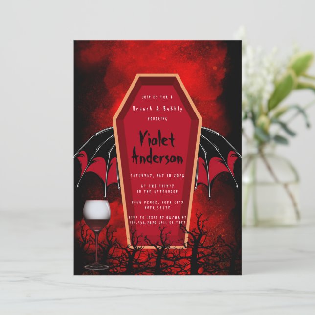 Halloween Coffin Fladdermus Vingar Brunch och Bubl Inbjudningar (Stående Fram)