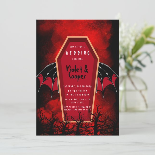 Halloween Coffin och Fladdermus Vingar Red Black B Inbjudningar (Stående Fram)