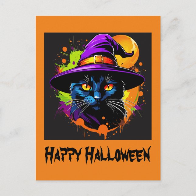 Halloween Colorful Majestic Black Cat Vykort (Framsida)