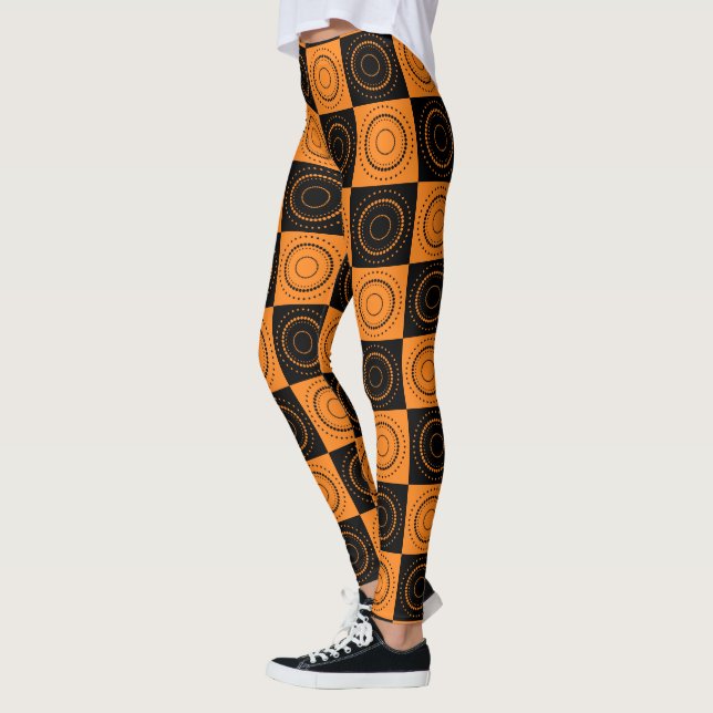 Halloween Concentric Orange och Black Polka dots Leggings (Vänster)