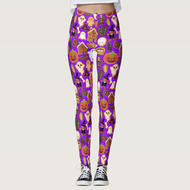 Halloween Cookies Mönster Collection B Lila BG Leggings (Framsida)