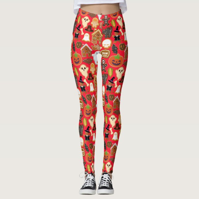 Halloween Cookies Mönster Collection B Red BG Leggings (Framsida)