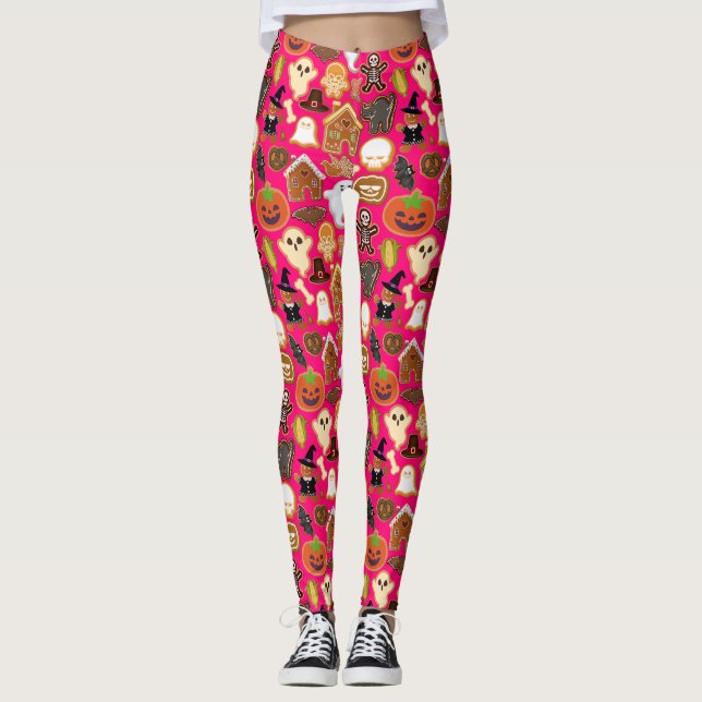Halloween Cookies Mönster Collection B Rosa BG Leggings (Framsida)