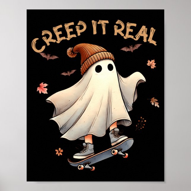 Halloween Cool Ghost Riding Skateboard Kid Tjej Poster (Framsidan)