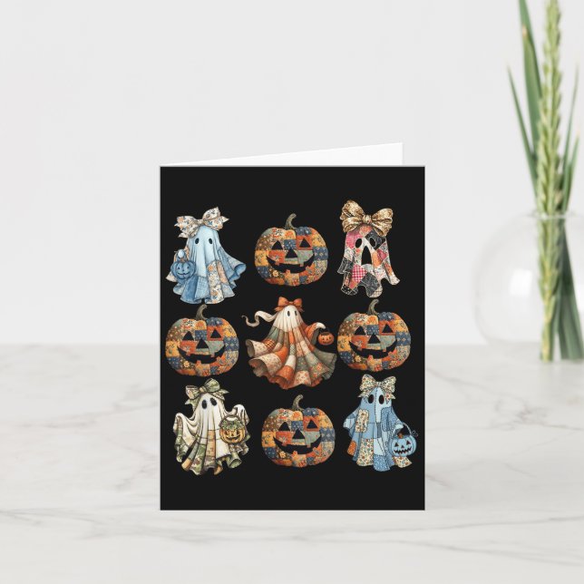 Halloween Coquette Bow Pumpkin Ghost Patchwork Spo Kort (Framsida)