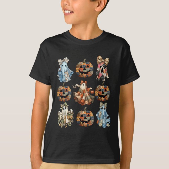 Halloween Coquette Bow Pumpkin Ghost Patchwork Spo T Shirt (Framsida)