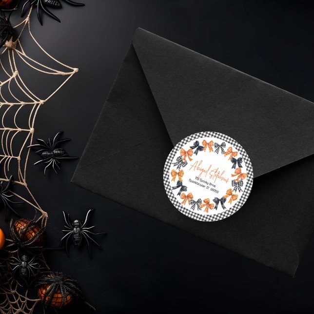 Halloween Coquette Bows Returadress Runt Klistermärke (Halloween Coquette Black | Orange Bows Girl Baby Shower Return Address Envelope Seal Round Sticker)