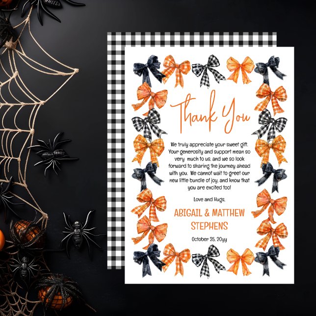 Halloween Coquette Svart | Orangea slingor Baby Sh Tack Kort (Halloween Coquette Black | Orange Bows Girl Baby Shower Thank You Card)