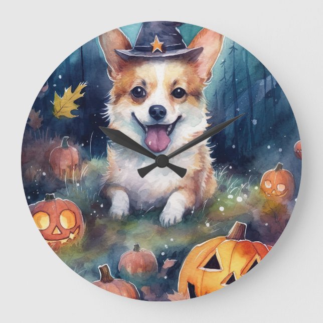 Halloween Corgi Med Pumpa Skräck Stor Klocka (Framsida)