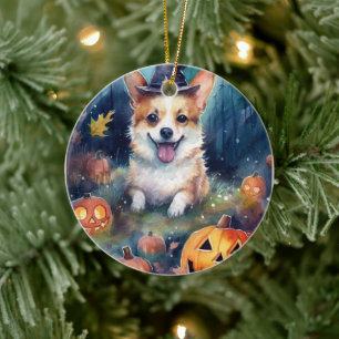 Halloween Corgi med pumpor Scary Julgransprydnad Keramik