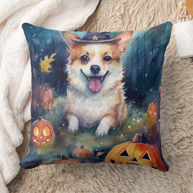 Halloween Corgi med pumpor Scary Kudde (Filt)