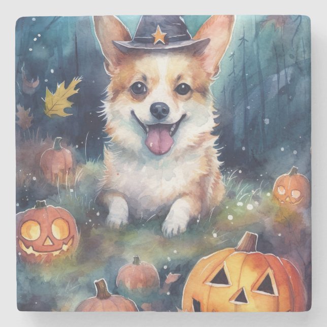Halloween Corgi Med Pumpor Skräck Stenunderlägg (Framsidan)