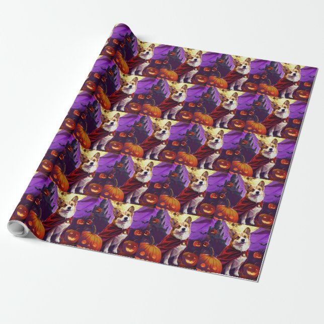 Halloween Corgi Vampyr Pumpa Skräckinjagande Presentpapper (Utrullad)