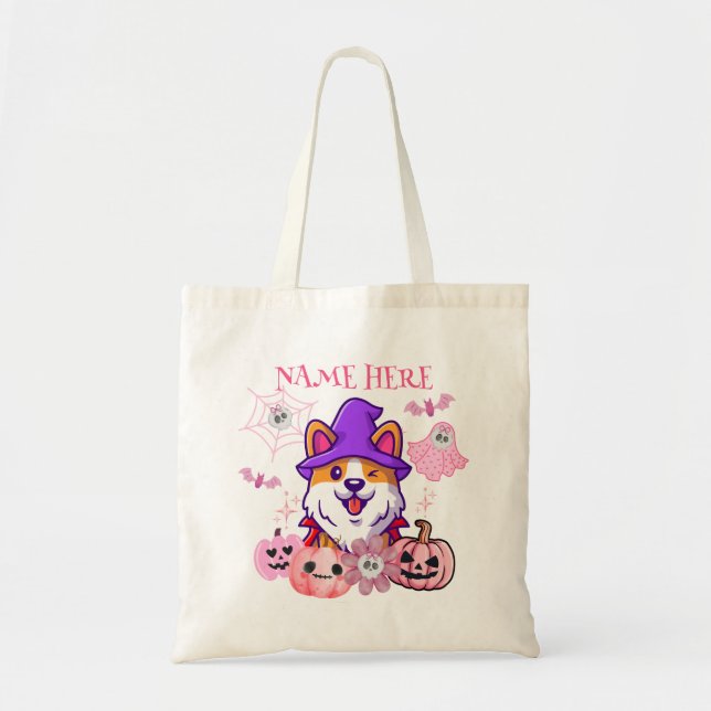 Halloween Corgi Witch Candy Tote Bag Tygkasse (Framsidan)
