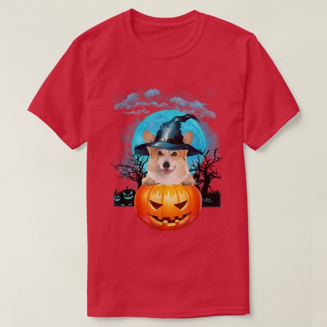 Halloween Corgi Witch Pumpkin och Blue Måne T Shirt (Design framsida)