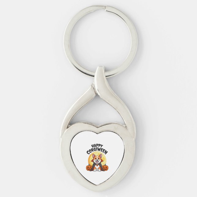 Halloween Corgiween, Spooky Corgi Hund Twisted Heart Silverfärgad Nyckelring (Framsidan)