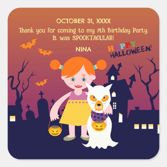 Halloween Costume Girl Födelsedagsfest Fyrkantigt Klistermärke (Framsida)