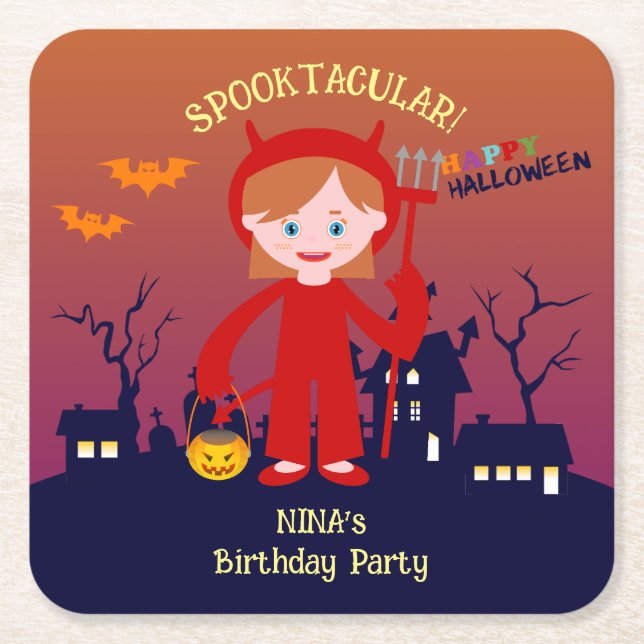 Halloween Costume Girl Födelsedagsfest Underlägg Papper Kvadrat (Framsidan)