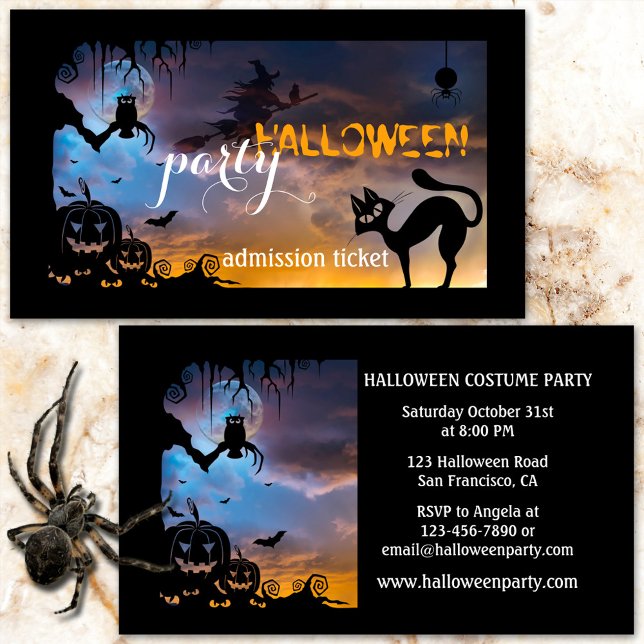 Halloween Costume Party Biljett Affärskort Tilläggskort (Cute Halloween business card featuring a cat, a witch and owl in a tree at full moon - party ticket)