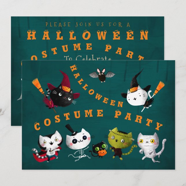 Halloween Costume Party Birthday Witch Cats Mummy Inbjudningar (Fram/baksida)