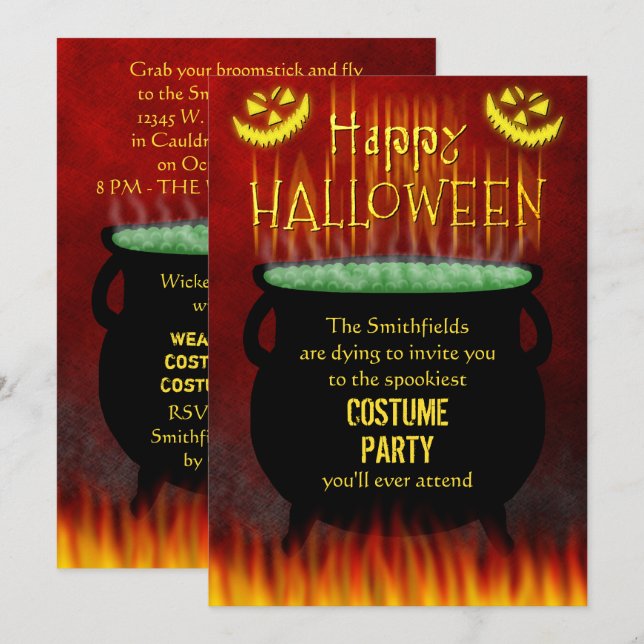 Halloween Costume Party Cauldron Brand Inbjudningar (Fram/baksida)