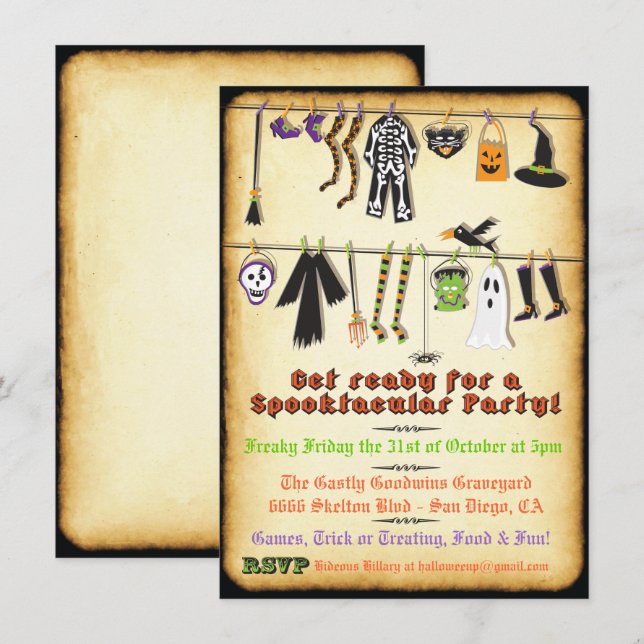 Halloween Costume Party Clothesline-inbjudan Inbjudningar (Fram/baksida)