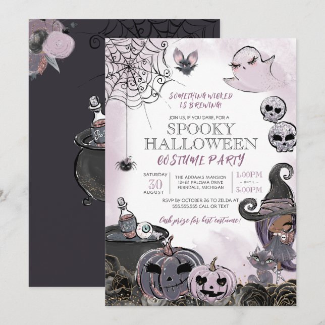 Halloween Costume Party Cute Spooky Witch Lila Inbjudningar (Fram/baksida)