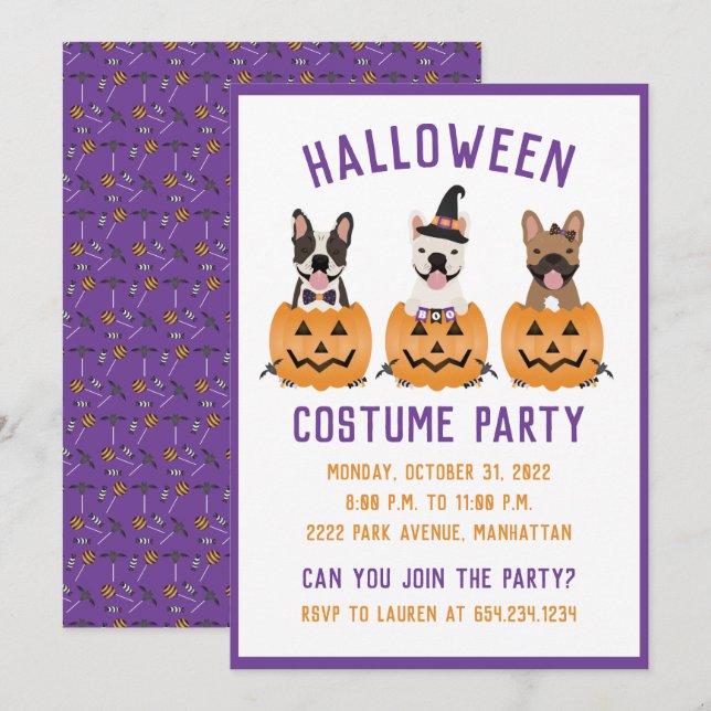Halloween Costume Party Fransk Bulldog Pumpkin Inbjudningar (Fram/baksida)