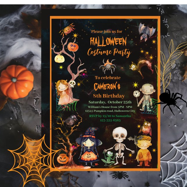 Halloween Costume Party Orange Grönt Kids Inbjudningar (Halloween Costume Party Orange Green Kids Invitation)