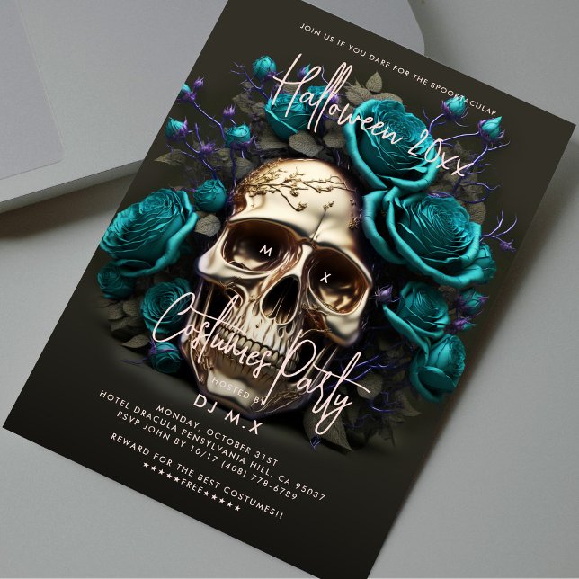 Halloween Costume Party Skull Teal Blue Modern Inbjudningar (Halloween Costume Party Skull Teal Blue Modern Invitation
)